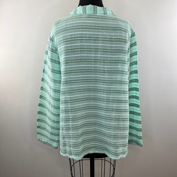 Fresh Produce Green Stripe Linen Collar V-Neck Button-Up Long Sleeve Top XL - Picture 5 of 7